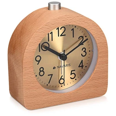 Image of Navaris Analogue Wooden Alarm Clock Retro Table with Half Round Design, Snooze Function, Alarm, Gold Face Light Natural Wood in Brown