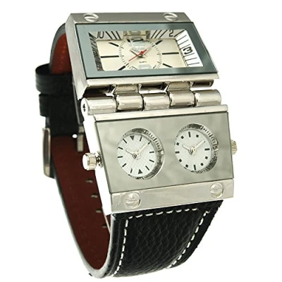 Image of Oulm 9525 Mens Watch Analog Black Leather Strap 3 Sub dials, Silver, Quartz Movement