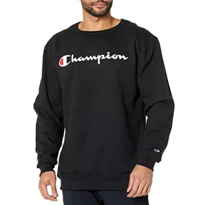 Image of Champion Men&#039;s Crewneck, Powerblend Fleece, Hoodie Sweatshirt Logo (Reg. Or Big &amp; Tall), Black Script, XXL