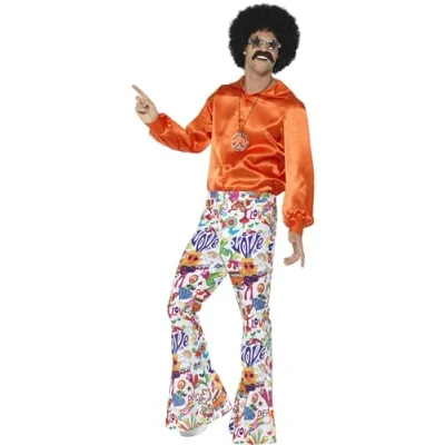 Image of Smiffys 60s Groovy Flared Trousers, Mens, Multi colour, XL Size 46 inches 48