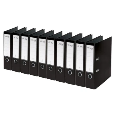 Image of VON Leitz A4 Folder, Pack of 10, Cardboard with Plastic Cover, 80 mm Spine Width, for 600 Sheets, Blue Angel &amp; FSC Certified, School, Study Home, Black, 10550095