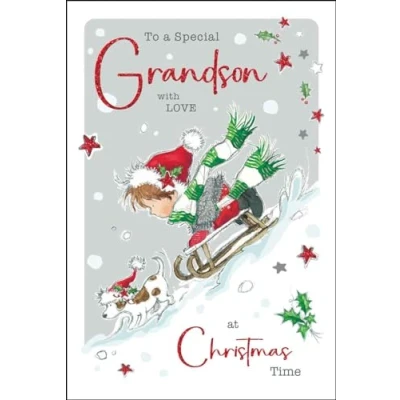 Image of Grandson Christmas Card Special Boy and Dog Sledging in the Snow Artistic Festive Design Finishes Illustrated Insert Leaf Made UK