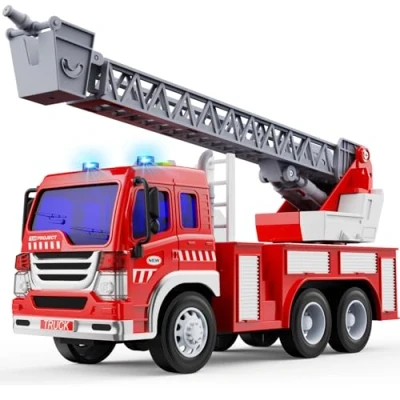 Image of GizmoVine Fire Engine Toys, 1:16 Truck with Light Sound Extending Ladder, Friction Powered Firetruck for 2 3 4 5 6 7 8 Year Olds, Birthday Christmas Party Gift
