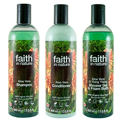 Image of Faith In Nature Natural Aloe Vera Shampoo, Conditioner &amp; Body Wash Trio Vegan Cruelty Free 99% Fragrance From SLS or Parabens