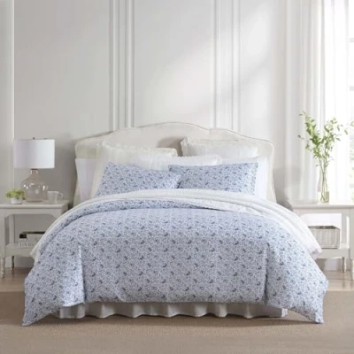 Image of Laura Ashley King Duvet Cover Set, Cotton Sateen Bedding with Matching Shams, Elegant &amp; Silky Smooth Home Decor (Lorelei Blue, King)