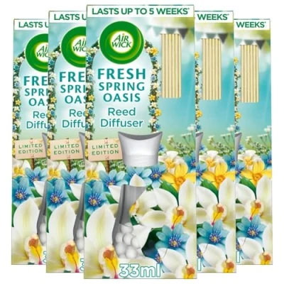 Image of Air Wick Freshener Reed Diffuser Fragrance: Fresh Spring Oasis Room Size: Pack of 5 x 33ml Usage: Lasts up to 4 weeks / 20 total