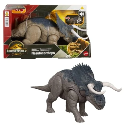 Image of ​Mattel Jurassic World Rebirth Wild Roar Nasutoceratops Dinosaur Toy with Tail Controlled Chomp Multi Direction Attack &amp; Sound, Posable Digital Play, JGC81