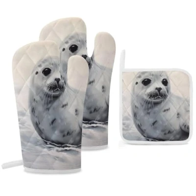 Image of Oven Mitts and Pot Holders 3 Pcs Kitchen Glove Harp Seal Painting Mitt Non Slip Gloves for Cooking Heat Resistant Hot Pads Microwave BBQ