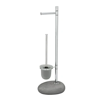 Image of WENKO 19494100 Free standing toilet brush Pebble Stone Grey Steel, 23.5 x 70 19 cm, Chrome