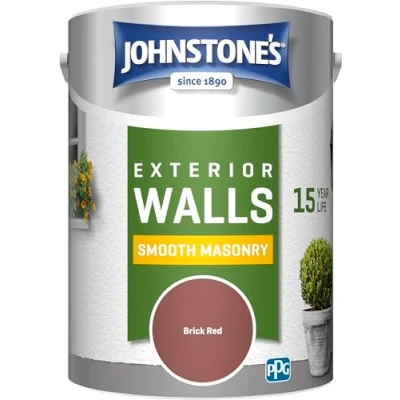 Image of Johnstone&#039;s, Exterior Smooth Masonry Paint, Brick Red, Up to 15 Years Protection, Weather &amp; Dirt Resistant, 60m² Coverage Per Tin, Dry in 1 2 Hours, 5L