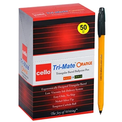 Image of Cello Tri Mate Orange Ballpoint Pens Medium Point Biro, (Black, Pack of 50)