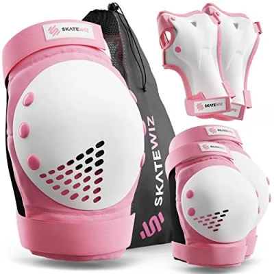 Image of SKATEWIZ Knee and Elbow Pads for Children Kids SMASH Size S Pink White Scooter Skate