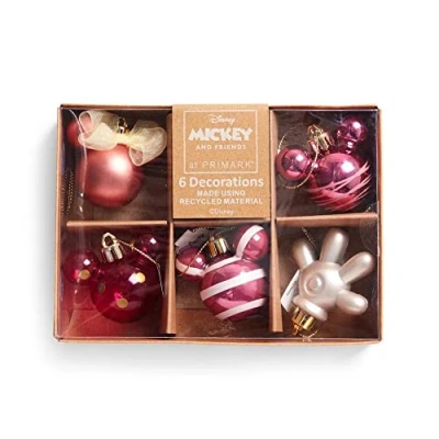 Image of Licensed Disney Mickey &amp; Minnie Mouse Christmas Baubles Xmas Tree Hanging Decorations (Mickey Pink 6 Baubles), One Size
