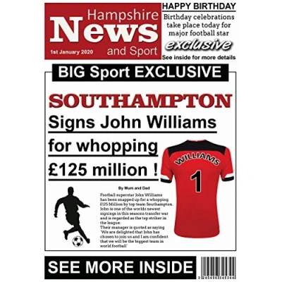 Image of Personalised Southampton Newspaper Football Birthday Card (19 20)