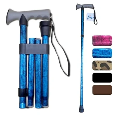 Image of Life Healthcare Walking Stick Comfort Gel Handle For Arthritis, Elderly Disabled, Folding Adjustable Height, Right Or Left Handed, With Non Slip Rubber Tip, Wrist Strap, Lightweight Blue Crackle
