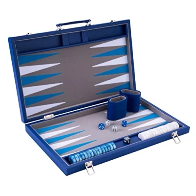 Image of Engelhart 250526 Luxury 18&quot; backgammon set inlaid velvet leatherette exterior pearly dice and token