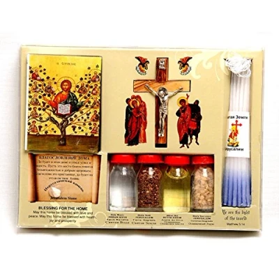 Image of Jerusalem Home Blessing Kit Bottles, Cross &amp; Candles From The Holy Land