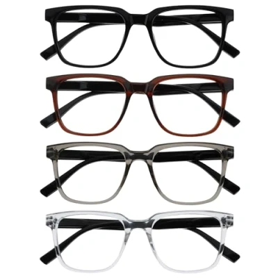Image of OPULIZE LEO Reading Glasses 4 Pack Large Rectangular Frame Black, Brown, Grey, Clear Mens Womens Spring Hinges RRRR55 127C +2.50