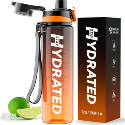 Image of Mevoly Water Bottle, 32oz Sports Motivational 1L Tritan Bottle with Time Markings to Drink &amp; Strap, BPA Free, Wide Mouth, LeakProof for Women Men Gym Fitness Outdoor