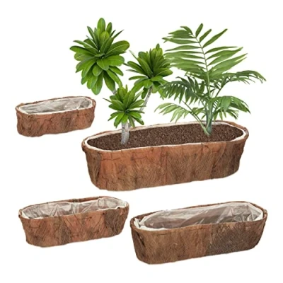 Image of Set of 4 Flowerpots, Coconut Fibre, Square, Sizes, Garden, Balcony &amp; Windowsill, Planter with Foil, Natural Relaxdays