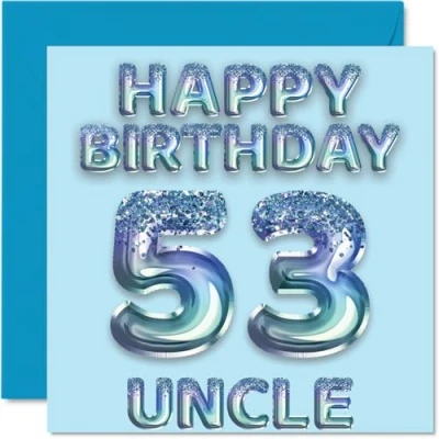 Image of 53rd Birthday Card for Uncle Blue Glitter Party Balloons Happy Cards 53 Year Old from Nephew Niece, 145mm x Bday Greeting Gift