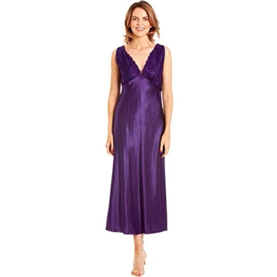 Image of undercover lingerie Womens Satin &amp; Deep Lace Long Chemise Nightdress with Build Up Shoulder N52 Purple