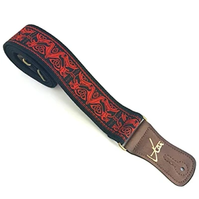 Image of Handmade Irish Celtic Beast Red Hemp Guitar Strap by VTAR, Made with Brown Vegan Leather &amp; Antique Brass Details Acoustic, Bass and Electric