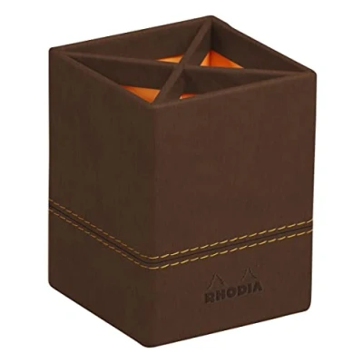 Image of RHODIA 194524C Bronze Pencil Holder 8x8x11 cm Orange Saddle Stitching Faux Leather Exterior Home Office Collection Rhodiarama Organization &amp; Design Storage