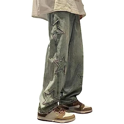 Image of MuziZy Women&#039;s Vintage Star Patchwork Y2K Baggy Jeans High Waisted Straight Leg Trousers Emo Grunge Denim Pants with Pockets (3XL,Blue)