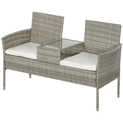 Image of Outsunny 2 Seat Rattan Garden Bench, Patio Wicker Chair with Glass Tea Table, Outdoor Love Padded Cushions, for Garden, Porch, Mixed Grey/Cream White