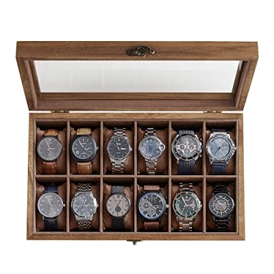 Image of SONGMICS Watch Box with 12 Slots, Case, Solid Wood Organiser Large Glass Lid, Display Removable Pillows, Gift Idea, Rustic Walnut JOW120K01