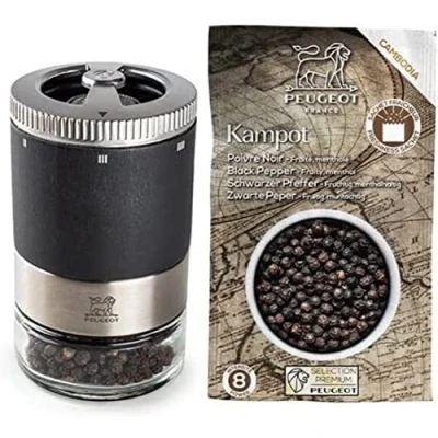 Image of PEUGEOT Maestro 10cm Pepper Mill Includes Kampot Black Interchangeable Vial U&#039;Select Adjustment PEFC Certified Wood &amp; Stainless Steel Made in France Graphite Color