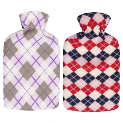 Image of 2 x Hot Water Bottles with Soft Fleece Cover Natural Rubber Litre Capacity (Diamonds)