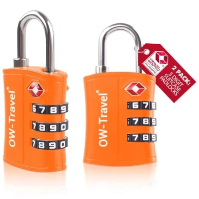 Image of TSA Approved Luggage Locks (2 Pack) OW Travel ABS 3 Digit Security Padlock, Combination Padlocks, Code Lock for Suitcase, Zipper, Luggage, Bag, Case, Backpack, Gym Locker, Tool Box, Outdoor (Orange)