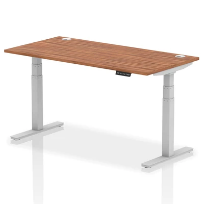 Image of Air 1600x800mm Height Adjustable Desk Walnut Cable Ports Silver Leg