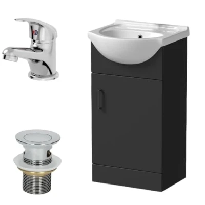 Image of Affine® 450mm Bathroom Vanity Unit Ceramic Sink Floorstanding Storage Cabinet Cupboard &amp; Essentials Basin Tap Waste Set, Matt Black