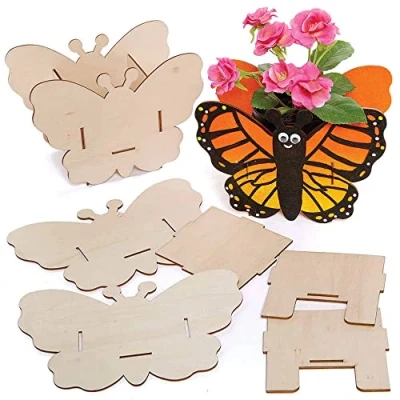 Image of Baker Ross FC824 Butterfly Wooden Flowerpot Kits Pack of 3, Craft for Kids, Plant Pot Painting, Wood Crafts