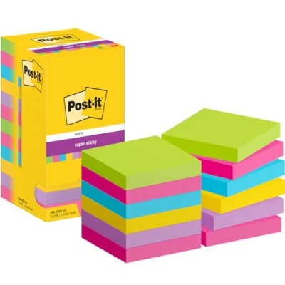 Image of Post it Super Sticky Notes Assorted Colours, Pack of 12 Pads, 90 Sheets per Pad, 76 mm x Extra For Note Taking &amp; To Do Lists