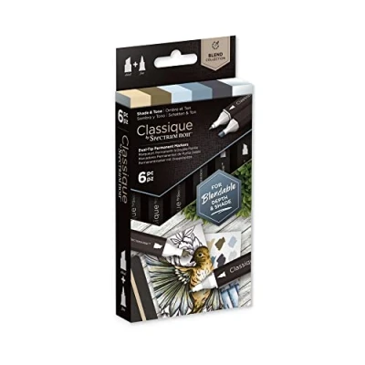 Image of Crafter&#039;s Companion Spectrum Noir Classique Blend Twin Tip Blendable Alcohol Based Marker Set with Japanese Nibs Pack of 6 Perfect for Colouring, Drawing &amp; Illustration (Shade Tone Pack)