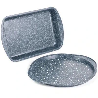 Image of Russell Hobbs COMBO 5440 Pizza Roasting Tin Set, Non Stick Oven Trays, Perforated Baking Pan with Deep Roaster, Carbon Steel, 2 Piece, Nightfall Stone Collection, Blue Marble, 37/38 cm