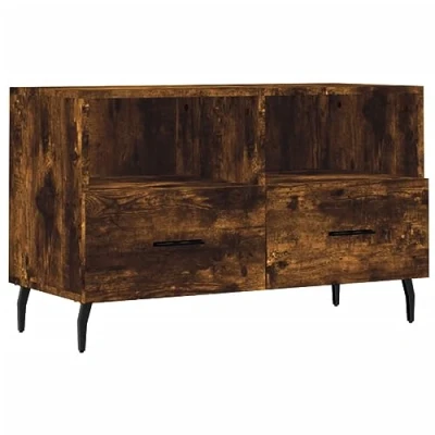 Image of vidaXL Smoked Oak TV Cabinet Spacious Storage with 2 Compartments and Drawers Engineered Wood Iron Legs Modern Design for Living Room or Bedroom