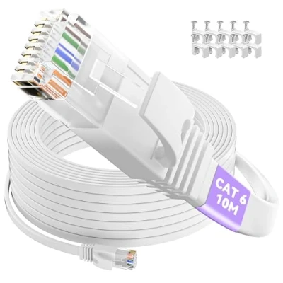 Image of Ethernet Cable 10m, Cat 6 Flat Internet 10m Long High Speed Gigabit Network White Patch Cord, RJ45 10 meter LAN 1Gbps 250Mhz, Broadband for Router Switch Modem (10 Clips)