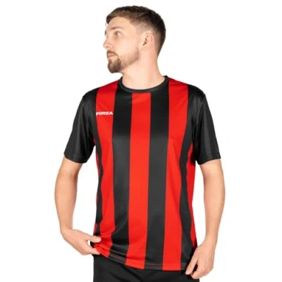 Image of FORZA Men’s Striped Jersey Shirt [XS XXL] Premium Short Sleeve Football T Shirts 5 Stripe Colour Options (Black and Red, S)