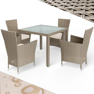 Image of CASARIA® 5 Piece Poly Rattan Garden Furniture Set 4 Stackable Chairs with Cushions 90x90cm Table Weather Resistant, Durable, Comfortable Seating Perfect for Garden, Patio, Balcony Cream