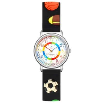 Image of Alienwork Football Boys Children&#039;s Teacher Watch Silver Strap Black Multi Coloured Kid Waterproof 5 ATM Learning Time