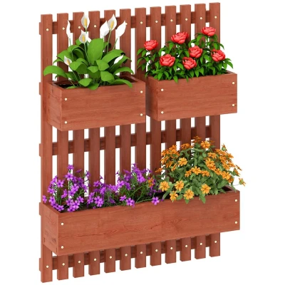 Image of Outsunny Wall mounted Wooden Garden Planters with Trellis, Drainage Holes and 3 Movable Planter Boxes, Raised Bed for Patio, Brown