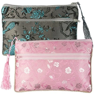 Image of kilofly Chinese Silk Brocade 2 Zipper Pockets Tassel Jewelry Pouch Bag, 7 inch, Set2 D