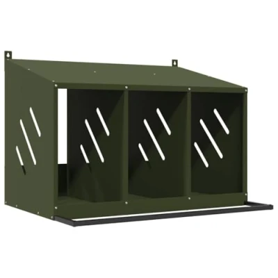 Image of vidaXL Chicken Nesting Box/Chicken Egg Box 3 Compartment Olive Green Metal, Weather Resistant with Sloping Roof and Perch, 80x64x59.5cm, Indoor/Outdoor