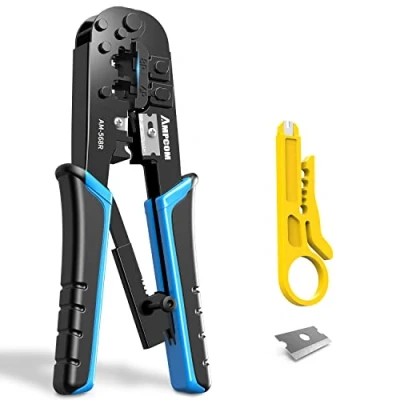 Image of AMPCOM RJ45 Ethernet Crimping Tool, 8P / 6P RJ11, RJ12 Ratchet Crimper Cutter Stripper Blue