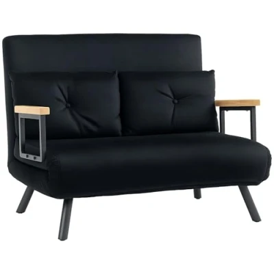 Image of HOMCOM 2 Seater Sofa Bed, Click Clack Convertible Bed Settee, Modern Velvet Feel Fabric Couch with Tufted Cushions, Wood Armrests for Living Room, Bedroom, Guest Black